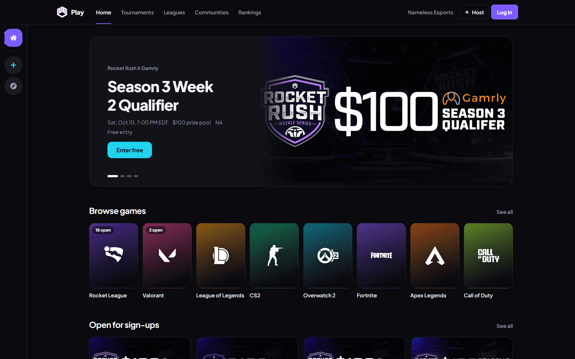 The Nameless Arena home with a featured Rocket Rush qualifier and games to browse